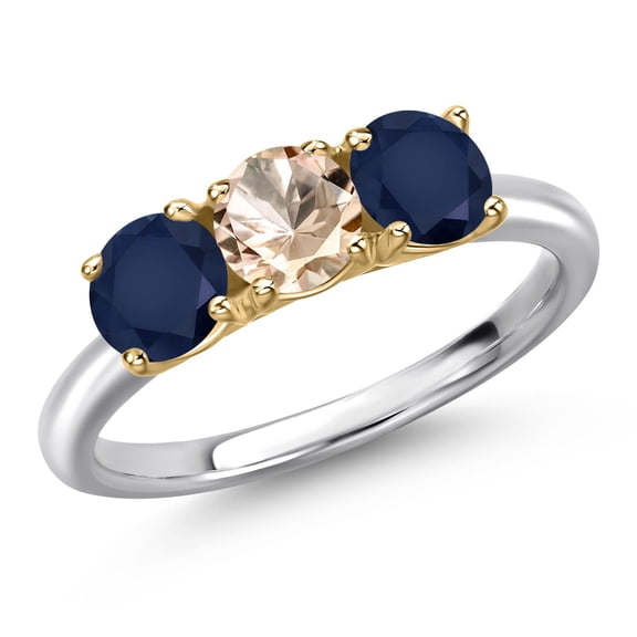 Gem Stone King 925 Silver and 10K Yellow Gold Peach Morganite and Blue Sapphire Engagement Ring for Women | 1.60 Cttw | Round 5MM | Gemstone October Birthstone | Size 7