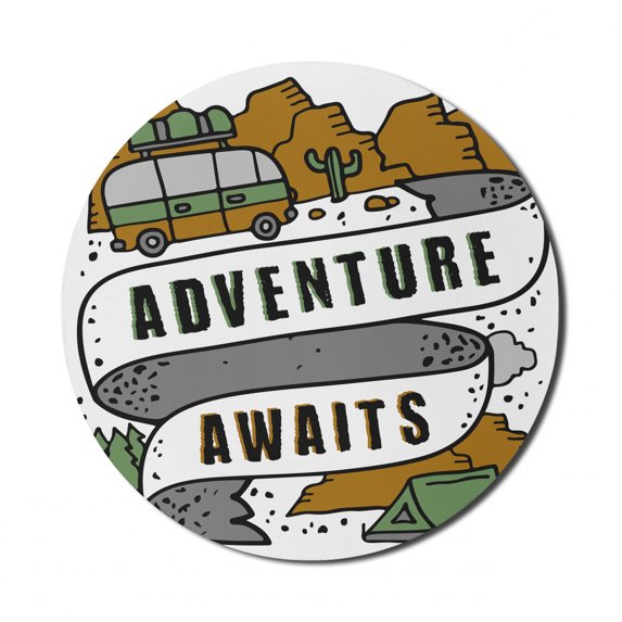 Saying Mouse Pad for Computers, Doodle Style Graphic Wording on a Ribbon Happy Camper Themed Adventure Art, Round Non-Slip Thick Rubber Modern Mousepad, 8" Round, Caramel Grey White, by Ambesonne