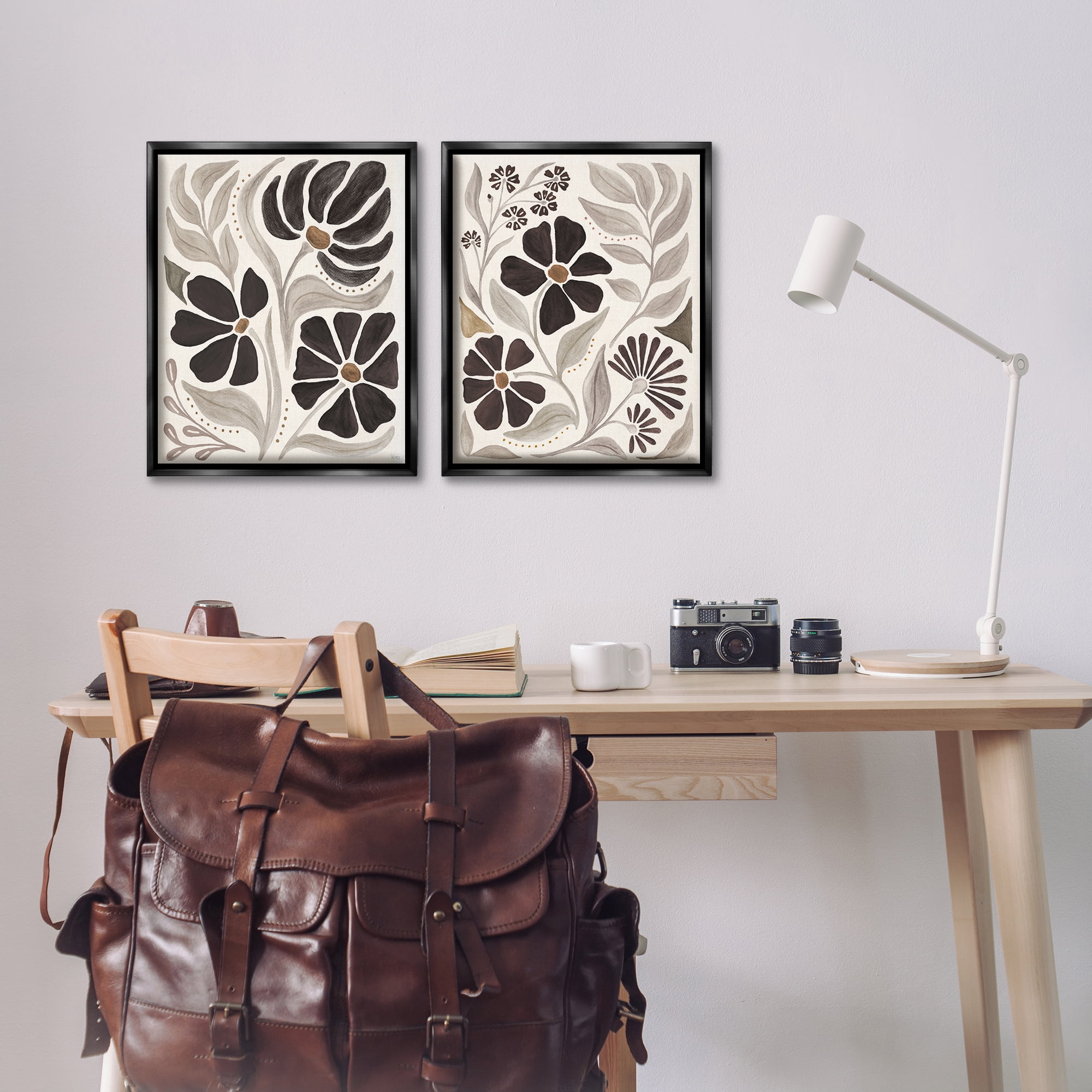 Stupell Industries Modern Neutral Petals Plants & Flowers Painting Black Floater Framed Canvas Art Print Wall Art, 17 x 21, Set of 2