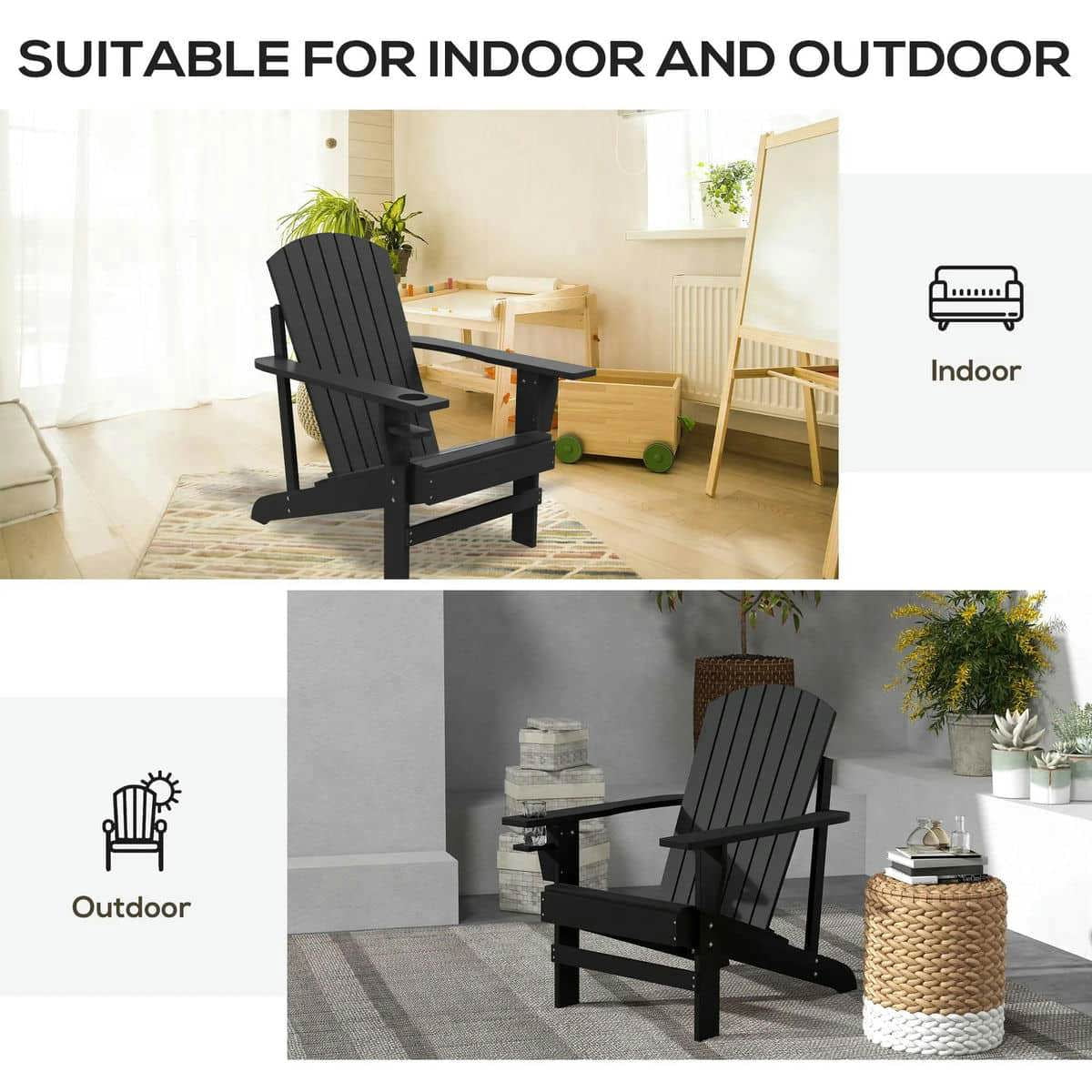 YYAo Patio Chairs, Patio Adirondack Chairs,Oversized Adirondack Chair, Outdoor Fire Pit and Porch Seating, Classic Log Lounge w/ Built-in Cupholder, Black
