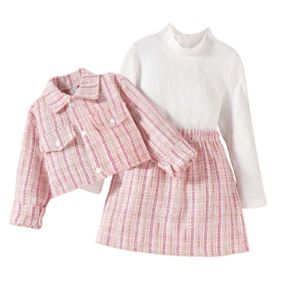 Penkiiy Toddler Girl's 3 Piece Outfits Plaid Tweed Jacket and Mini Skirt Set with Tee Top 6-7 Years Pink