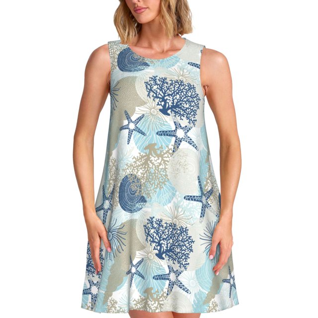 Disketp Algae Corals and Seashells para Vestido sin Mangas para Mujeres, Vestidos de Verano para Mujeres, Casual y Holgado para la Playa