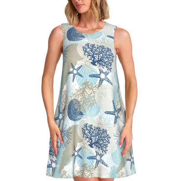 Fotbe Algae Corals and Seashells Vestido de Verano sin Mangas para Mujer – Vestido Midi Línea A, Estilo Camiseta Floral, Vestido Playero Casual y Fluido