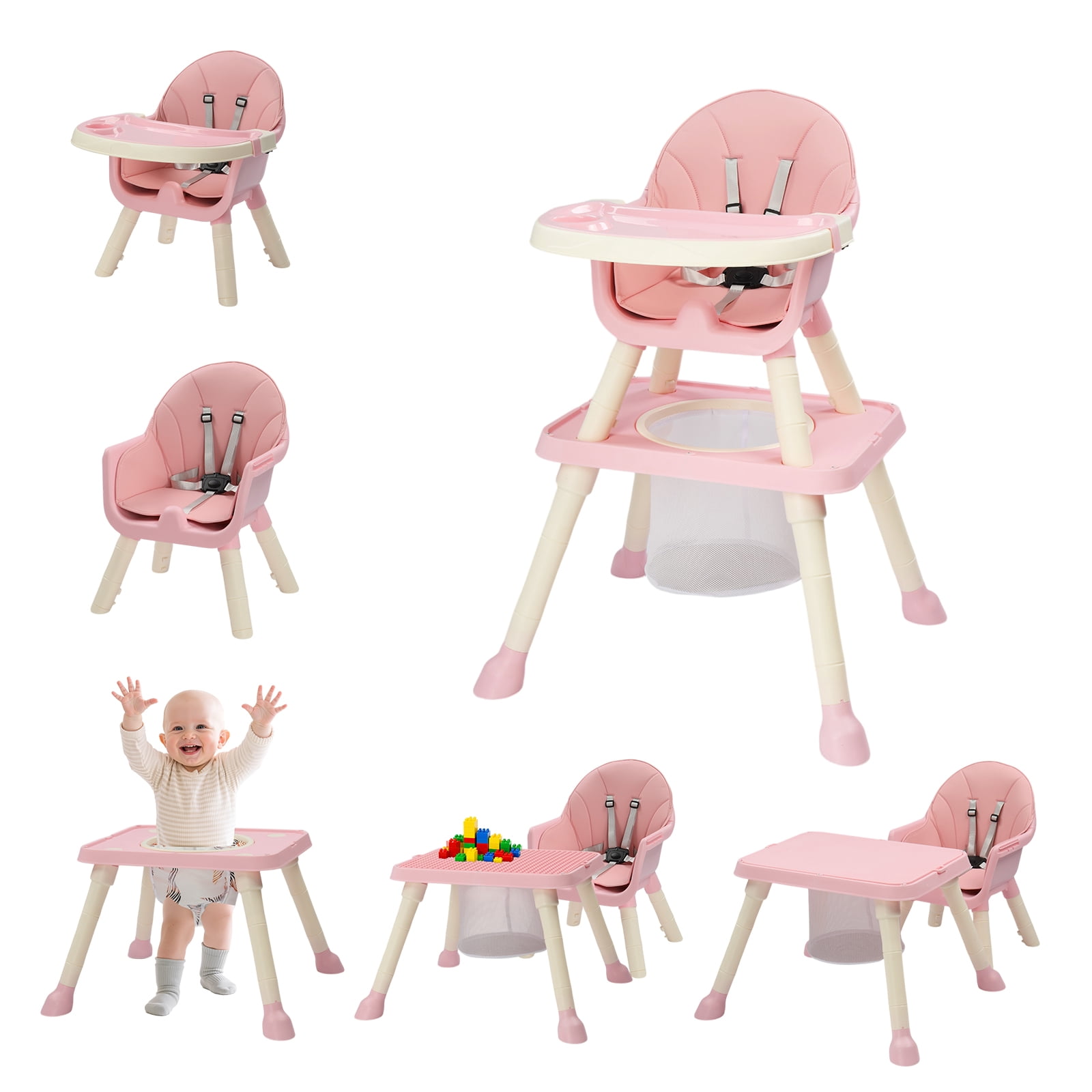 PEXMOR 7 in 1 Convertible Baby High Chair, Leather Cushion Eating Table Chair Set for Babies Toddlers, Pink