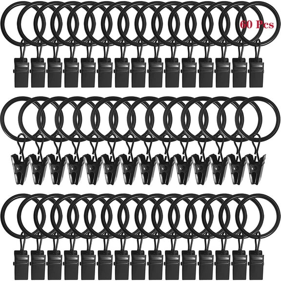 60 Pcs 1in Window Curtain Rings with Clip Rustproof Vintage for Bathroom Curtain,Black