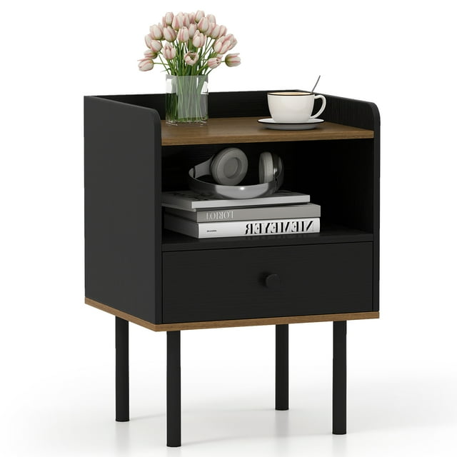 Gymax Nightstand w/ Drawer Bed Side Table w/ Wide Tabletop & Open Shelf