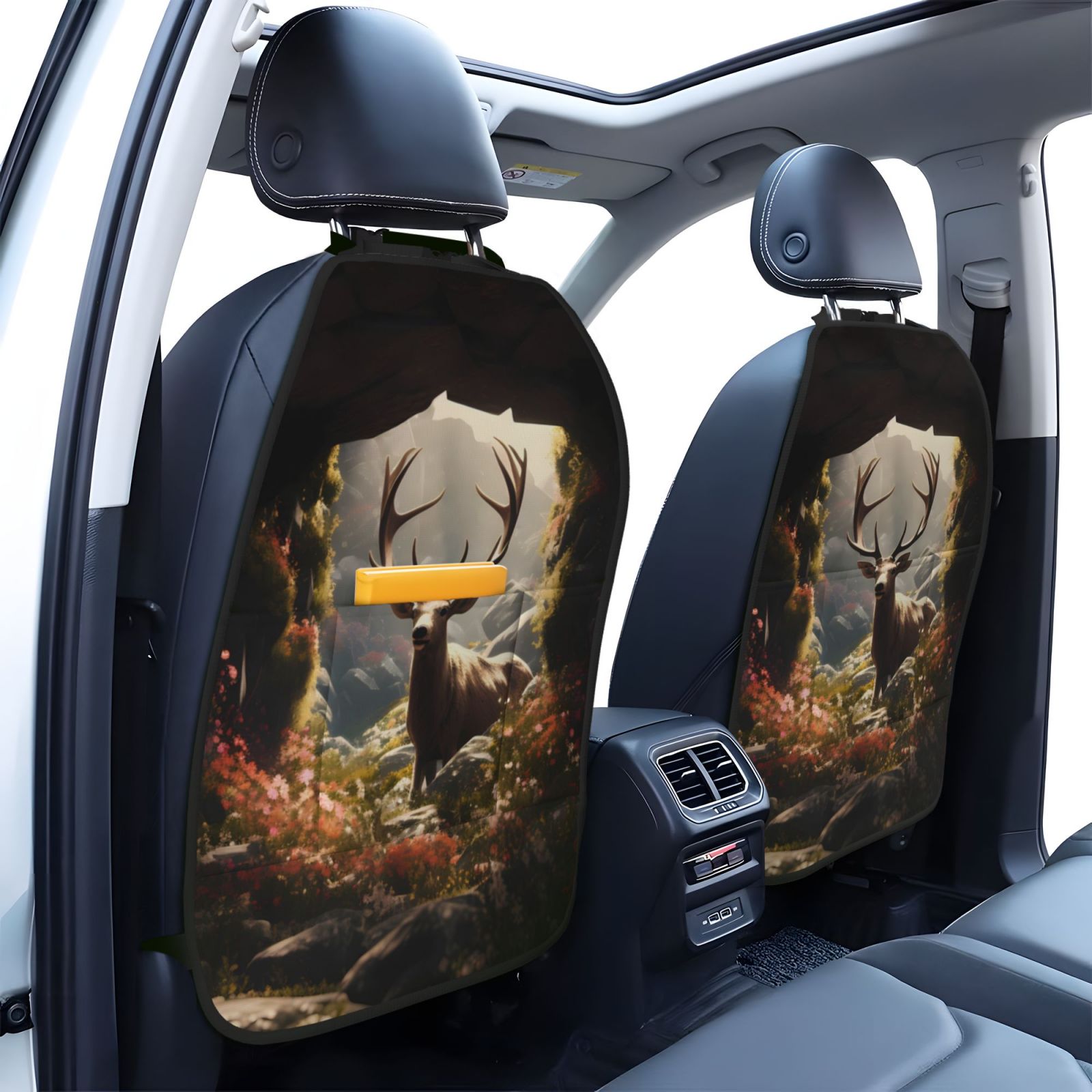 Xecao Enchanted Deer In Cave Pattern Car Seat Back Protector 2 Pack Large Capacity Pocket, Kick Mats Back Seat Protector