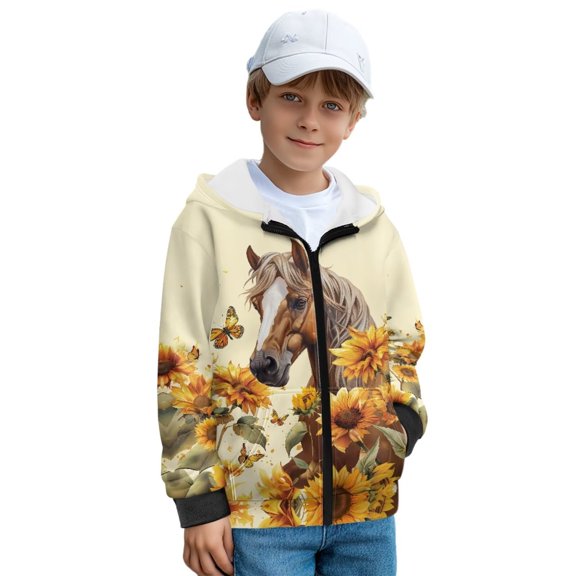 KUIFORTI Flower and Horse Sweater for Boys Comfortable Fashion Cozy Kids Long Sleeve Sweatshirts with Kangaroo Pockets Fleece-Lined Full Zip Hooded Jacket for Daily Life