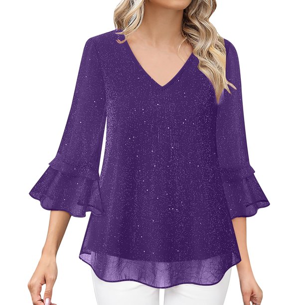 Ounisa Womens Ruffle 3/4 Sleeve V Neck Double Layers Mesh Blouses Loose Fit Flowy Tunic Tops