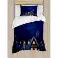 thumbnail image 3 of Christmas Decorations Queen Size Duvet Cover Set, Winter Scenery with Decorated House and Tree at Night Family Themed, Decorative 3 Piece Bedding Set with 2 Pillow Shams, Blue Brown, by Ambesonne, 3 of 3