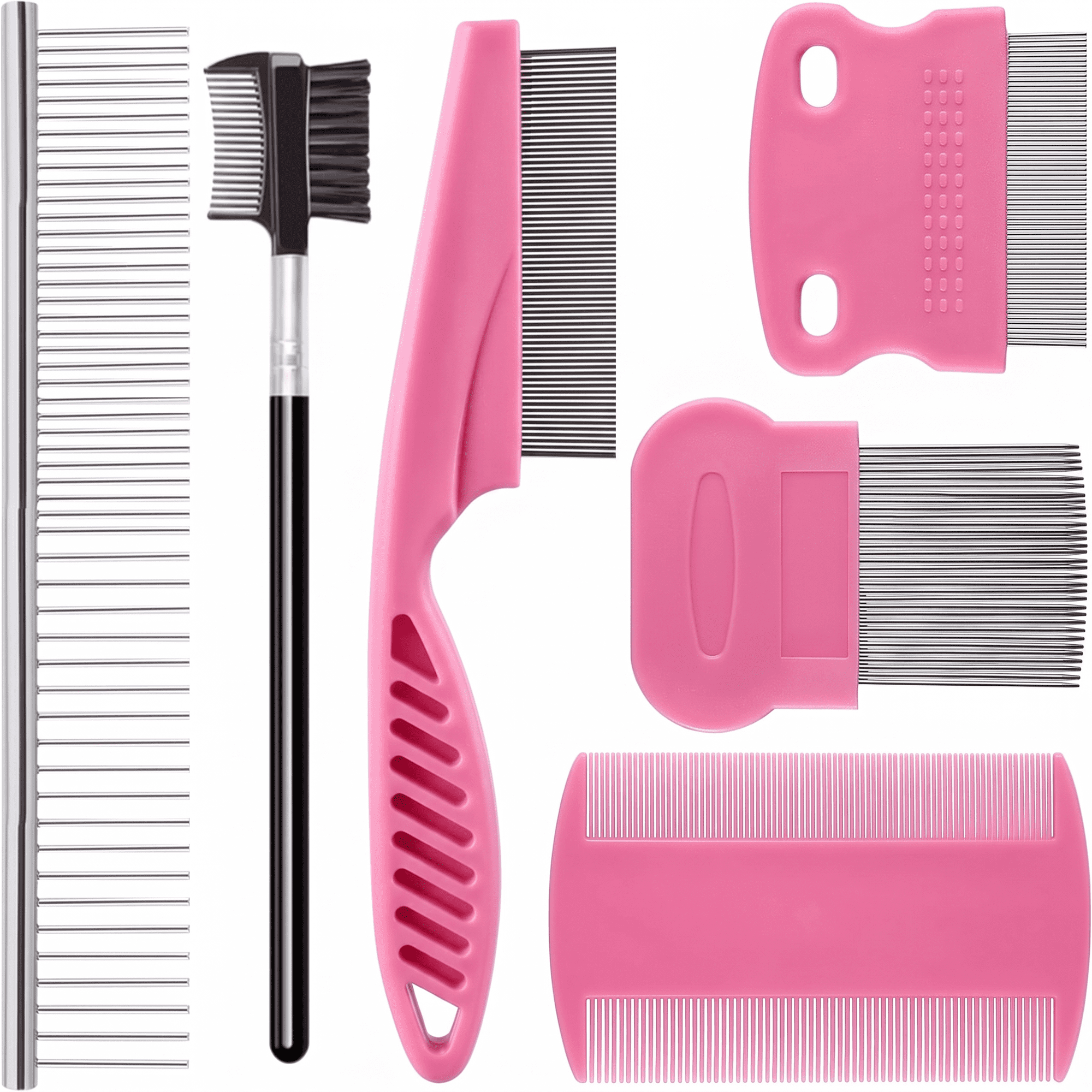 6 Pack Pet Flea Comb Set, Stainless Steel Dog Eye Crust Tear Stain Remover Lice Comb Fine Teeth Hair Grooming Tools for Small Dogs Cats Rabbits, Pink