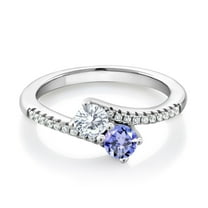 Gem Stone King 925 Sterling Silver White Moissanite and Blue Tanzanite Bypass Ring for Women (0.77 Cttw, Gemstone Birthstone, Round 4MM, Available in Size 5, 6, 7, 8, 9)