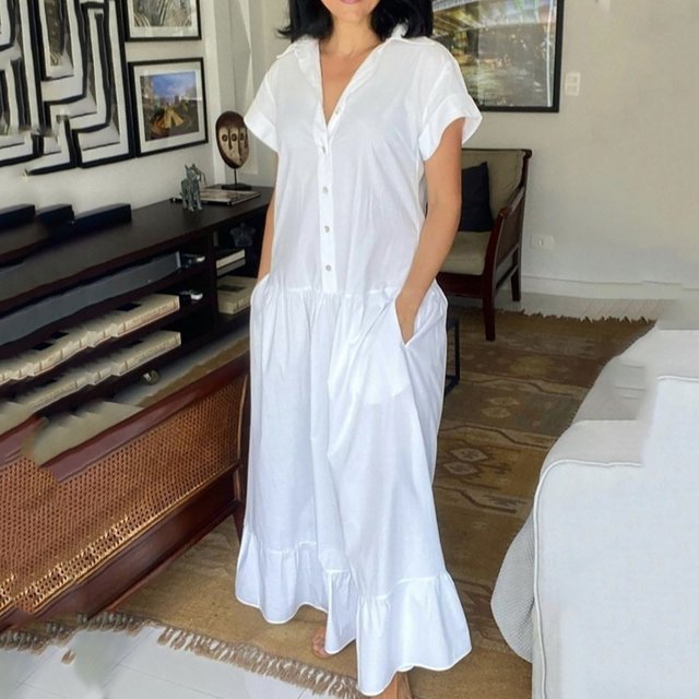 Ovzne Robes pour Femmes 2025 Robe pour Femme Robe Décontractée Unie Col Chemise Manches Courtes avec Poches Robe d'Été Manches Courtes en Liquidation