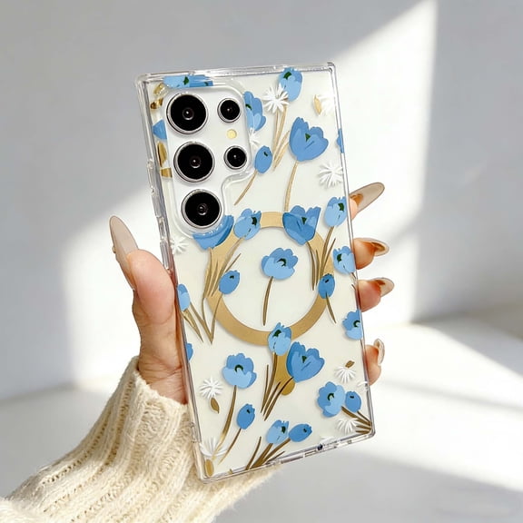 For Samsung Galaxy S25 FE Phone Case,Fresh Floral Print Back Design,Crystal Transparent,Compatible With Wireless Charging,Ultra Slim Shockproof Anti-fall Anti-Scratch,Thin Fit Phone Case,E