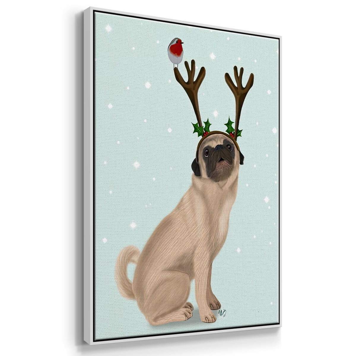Christmas Pug with Antlers and Robin - Framed Gallery Wrapped Holiday Canvas - 25 x 37 - White Frame