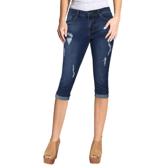 2Luver, Women's, Stretchy 5 Pocket Skinny Mid Rise Capri Ripped Medium Denim Jeans, Medium Blue, 1