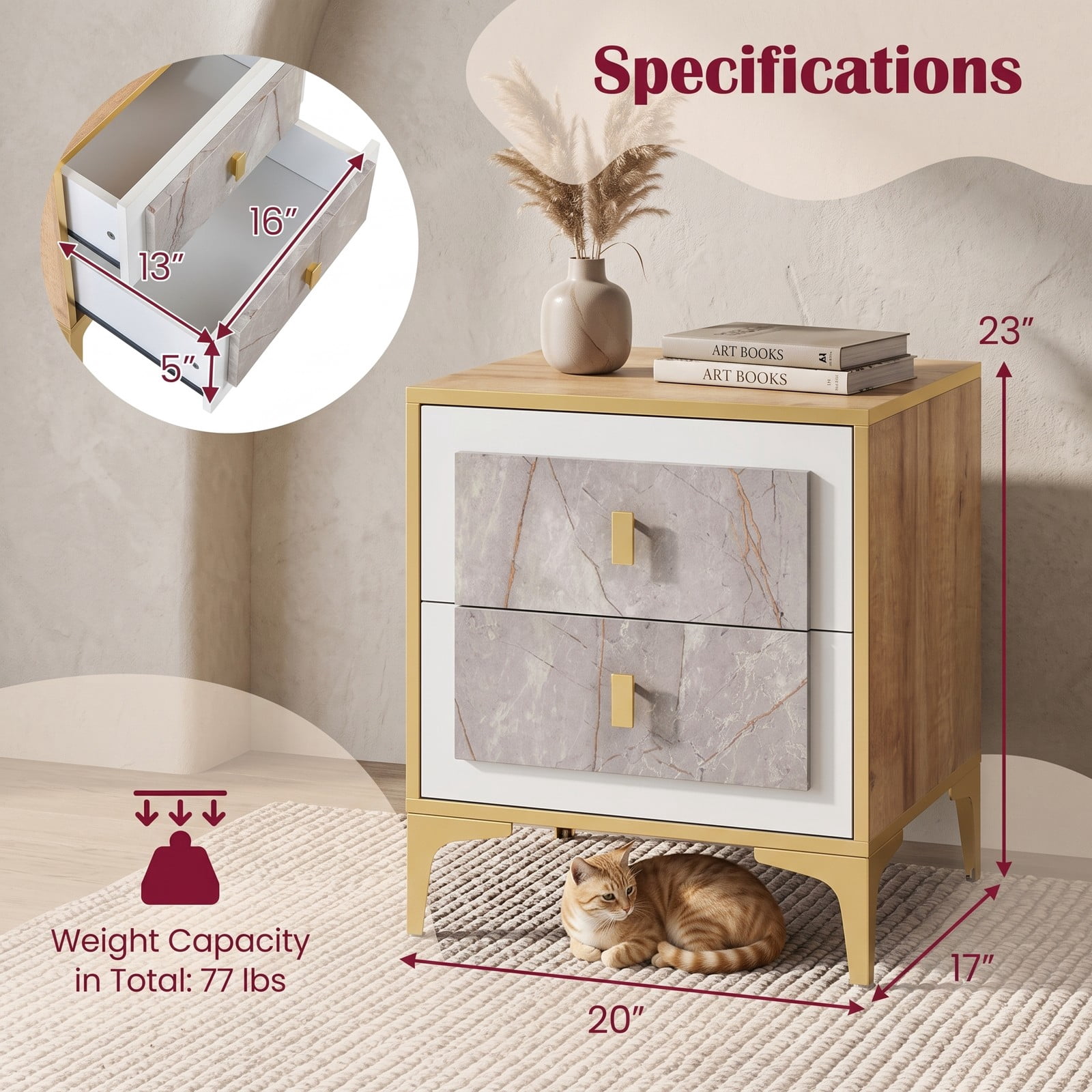 Furnibear Nightstand with 2 Pull-out Drawers and Metal Legs, Modern Bedside Table with Marble-pattern Fronts for Bedroom and Living Room, Natural