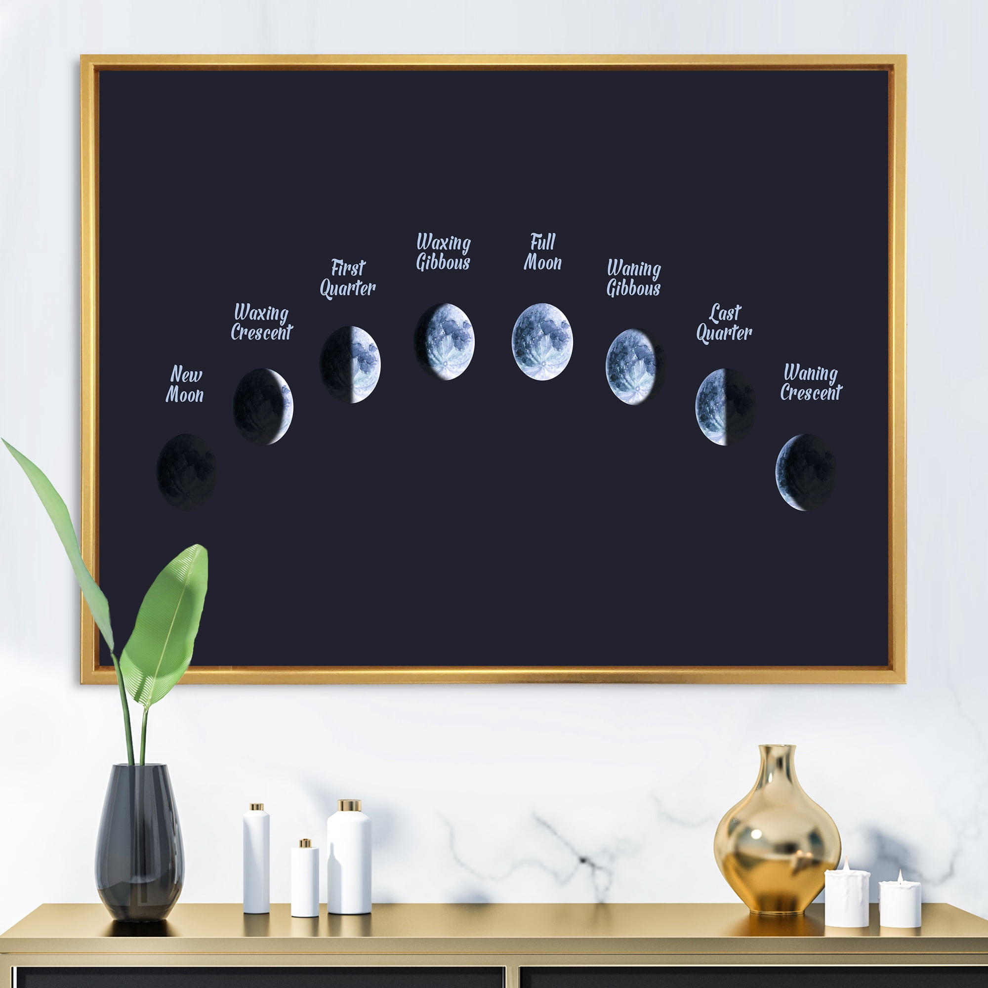 Designart 'Different Moon Phases In Space' Bohemian & Eclectic Framed Canvas Wall Art Print