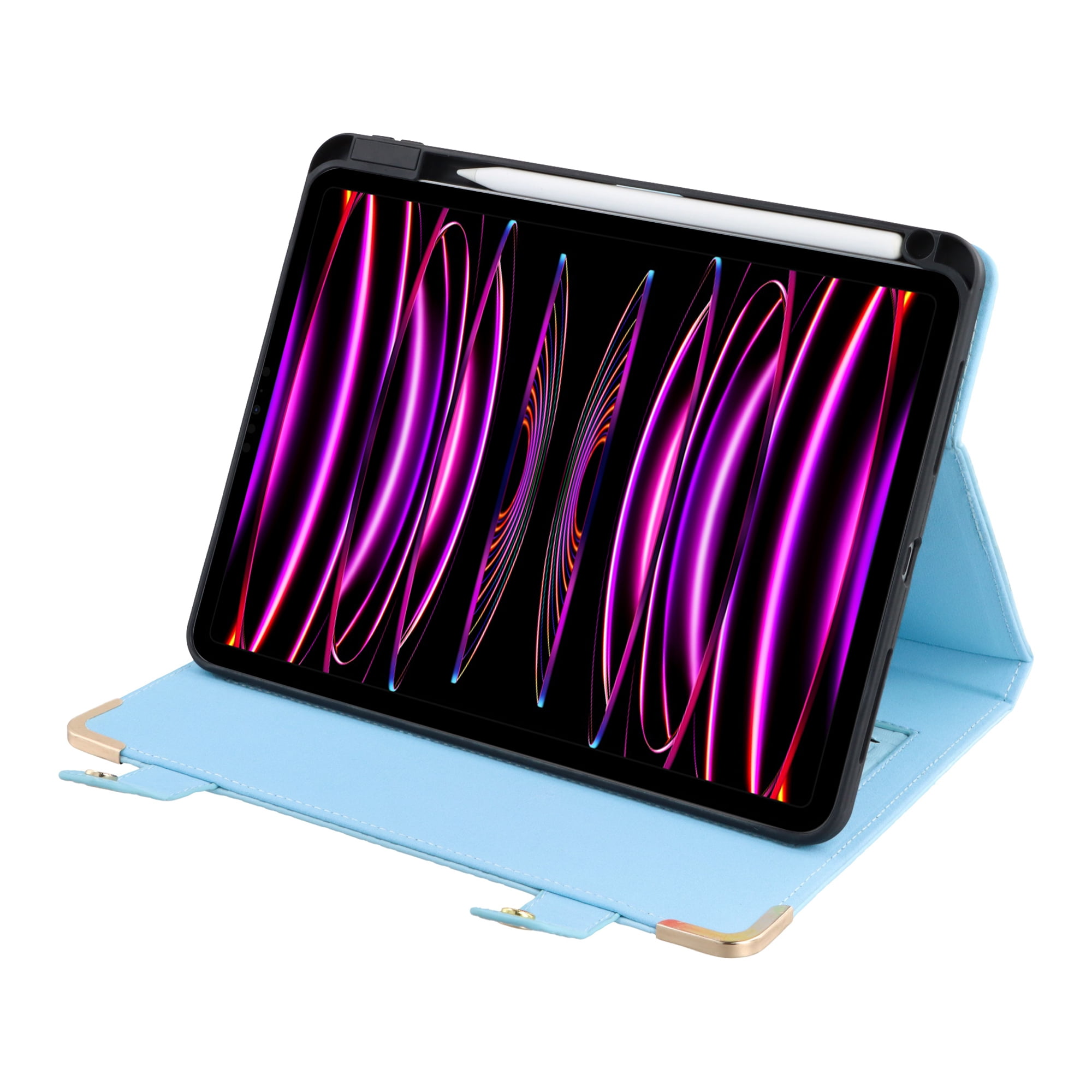 for iPad Air 11 2024/Pro 11 2022 2021 2020 2018/Air 4/Air 5, Protective Folio Case with Card Slots & Zipper Pocket & Pencil Holder, Stand Wallet PU Leather Portable Crossbody Strap Cover, Blue