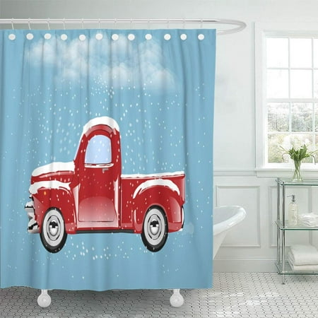 PKNMT Red Truck Car Under Snow Christmas Tree Old Pickup Antique Pick Holiday Waterproof Bathroom Shower Curtains Set 66x72