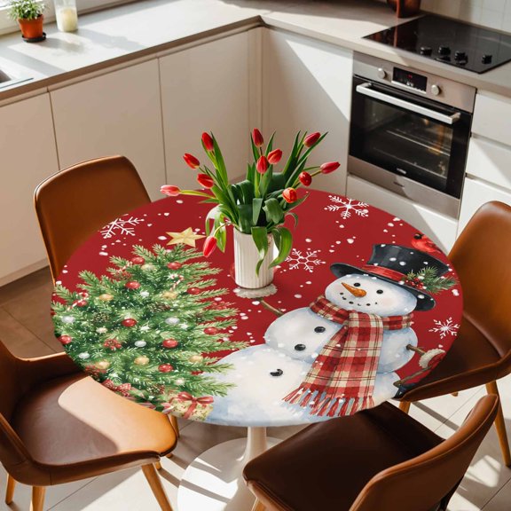 Round Fitted Tablecloth with Elastic Edge, Winter Snowman Christmas Tree Fitted Table Cloth for Round Tables 36-44in, Snowflake on Red Buffalo Plaid Waterproof Tablecloth for Outdoor Picnic Party