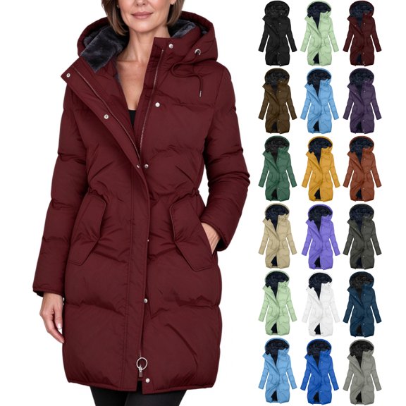 Puffer Coat for Women Solid Color Long Puffer Winter Jacket with Hood,Warm Quilted Padded Outerwear with Pockets