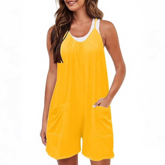 Stamzod One Piece Jumpsuits for Women Casual Overalls Summer Rompers Trendy Jumpers Beach Vacation Clothes Travel Outfits Yellow XL