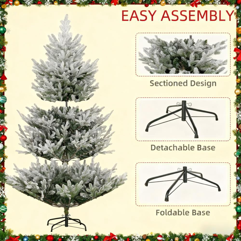 Flocked Hinged Xmas Tree, Artificial Christmas Tree with 795 Tips, Steel Base, Auto Open