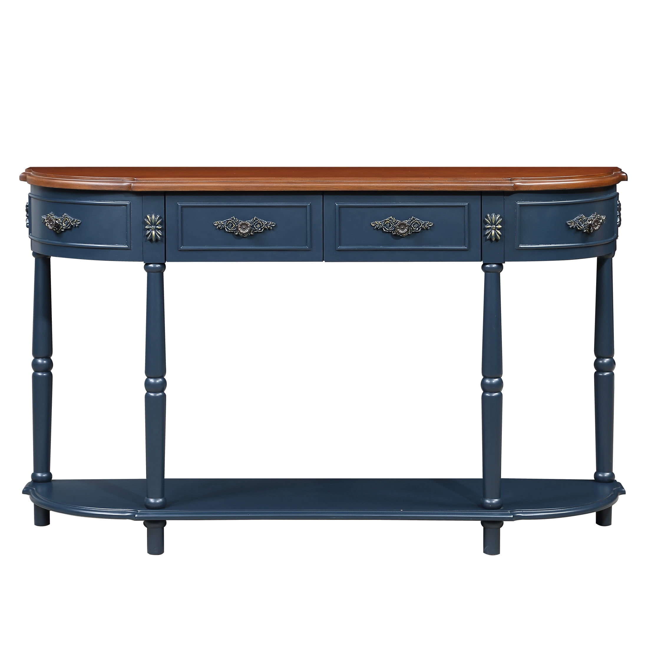 Noble House Ernestine Console Table, Pine Wood Frame with Drawers and Shelf, Half Moon Entryway Table, Navy Blue