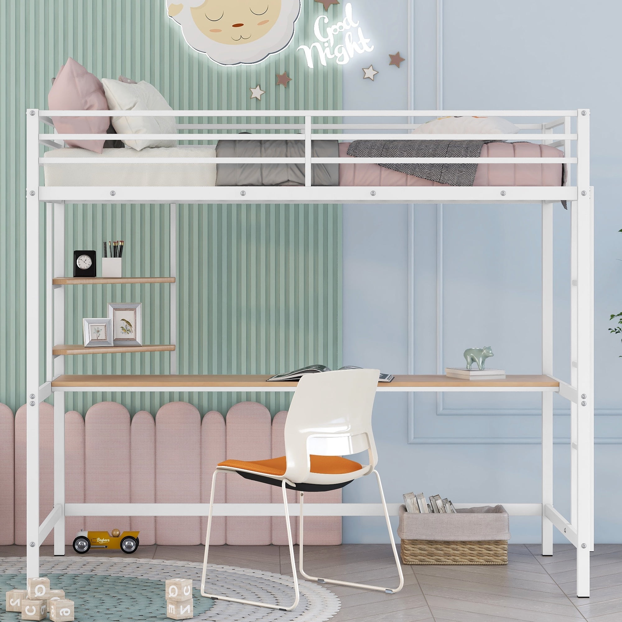 Gewnee Twin Heavy Duty Metal Loft Bed Frame with Desk and Shelves ,Ladder and Full-Length Guardrail,White
