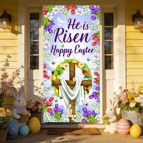 Ywuzuh Easter Decorations He Is Risen Easter Door Cover Clearance Floral Cross Christian Backdrop Door Decorationsfor Outdoor Front Door Wall Church Decor71x35 Inch