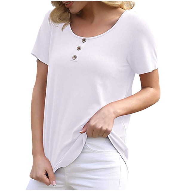 Birdeem T-Shirt à Boutons pour Femmes, Décontracté, Ample, Uni, Col Ras du Cou, Manches Courtes