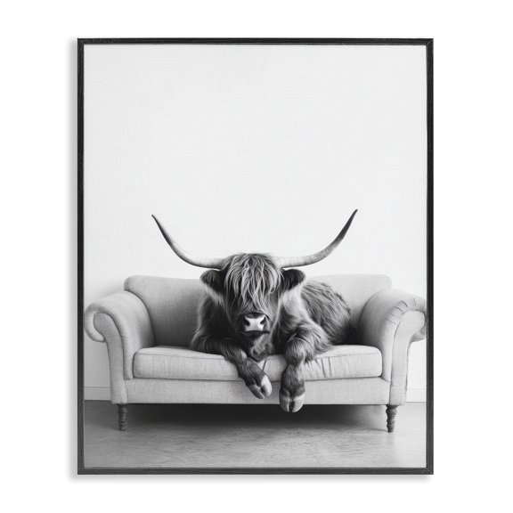 Stupell Industries Highland Cow on Couch Animals Painting Black Framed Art Print Wall Art, 11 x 14