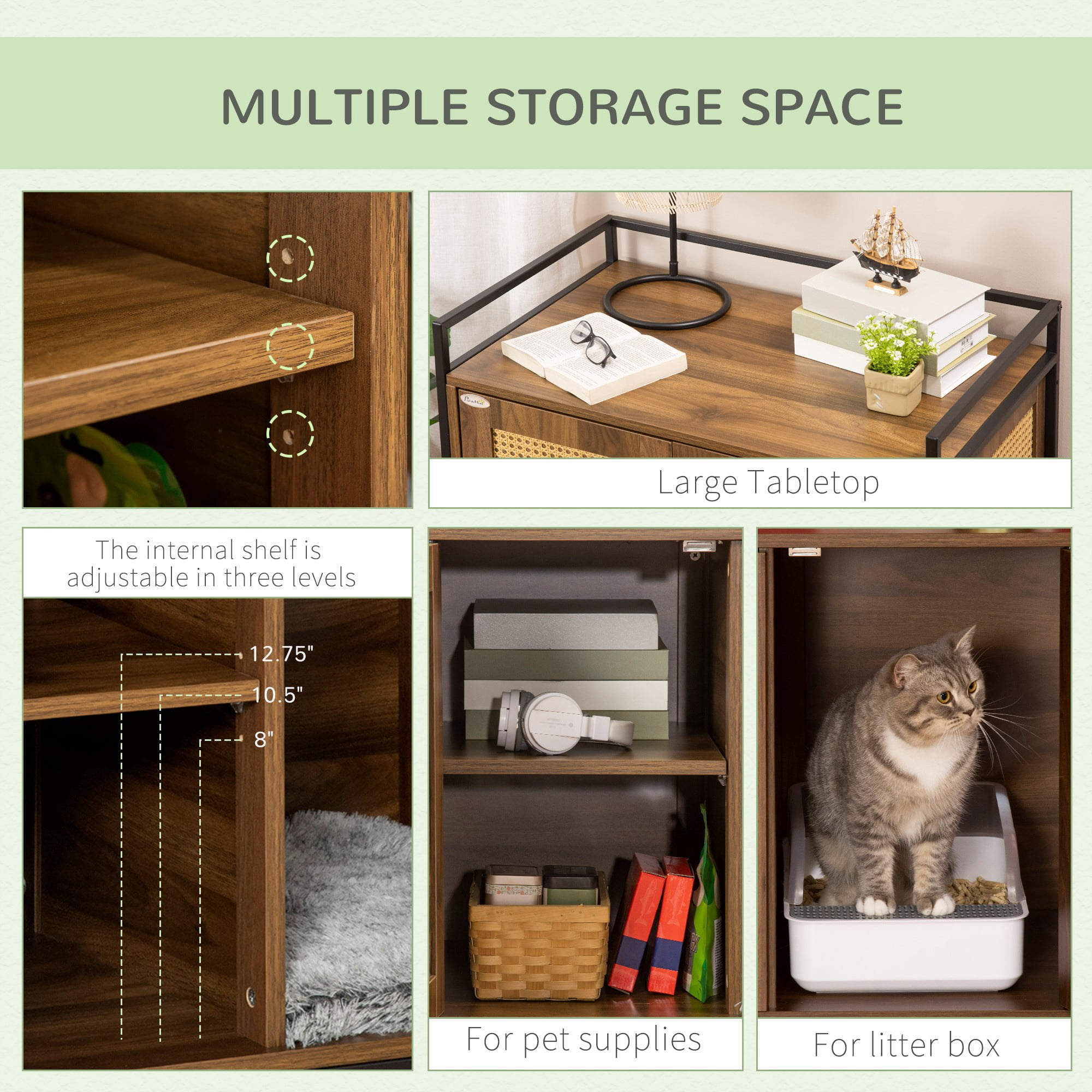 PawHut Shelved Hidden Litter Box Enclosure with Spacious Top Interior, Large Cat Litter House End Table for Indoor Cats with Hidden Storage Cabinet