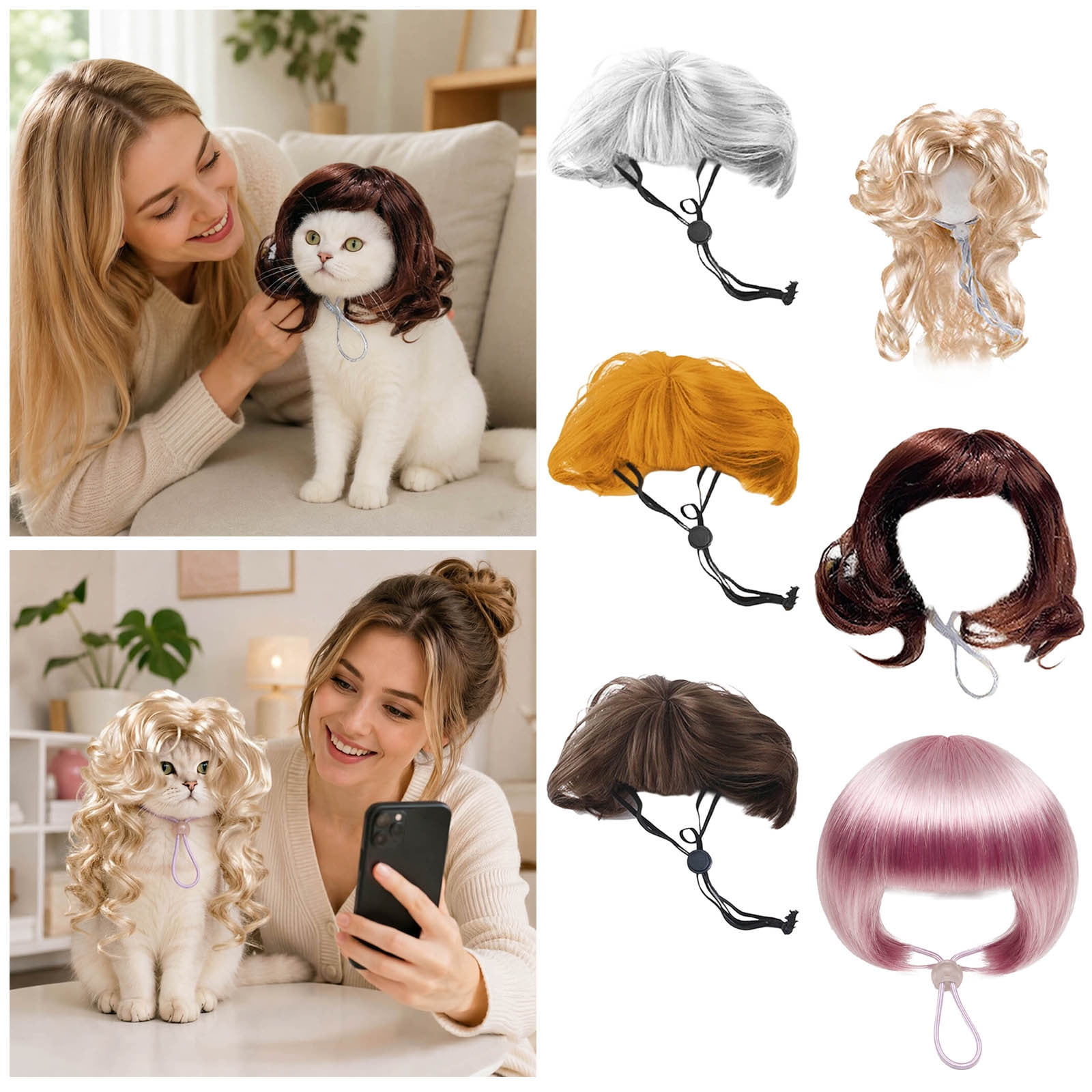 6 Pack Funny Cat And Dog Wigs Soft Pet Costume With Adjustable Straps For Halloween Christmas Parties Photo Props - Variety Styles For Small To Large Pets White - 7Cm