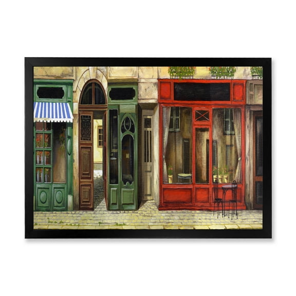 Red Facade of Charming Shop In Paris Street II 40 in x 30 in Framed Painting Canvas Art Print, by Designart