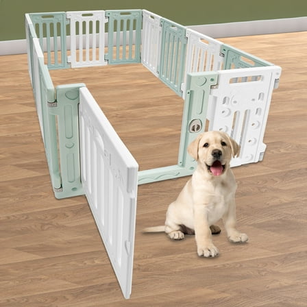 Dog Playpen with Door, 12 Panels Pet Safety Fence Foldable Puppy Pen Indoor Dog Fence, Plastics Enclosure Dog Pen Indoor for Small Dogs and Cats, Easy Assemble (Green)