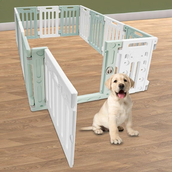 Dog Playpen with Door, 12 Panels Pet Safety Fence Foldable Puppy Pen Indoor Dog Fence, Plastics Enclosure Dog Pen Indoor for Small Dogs and Cats, Easy Assemble (Green)