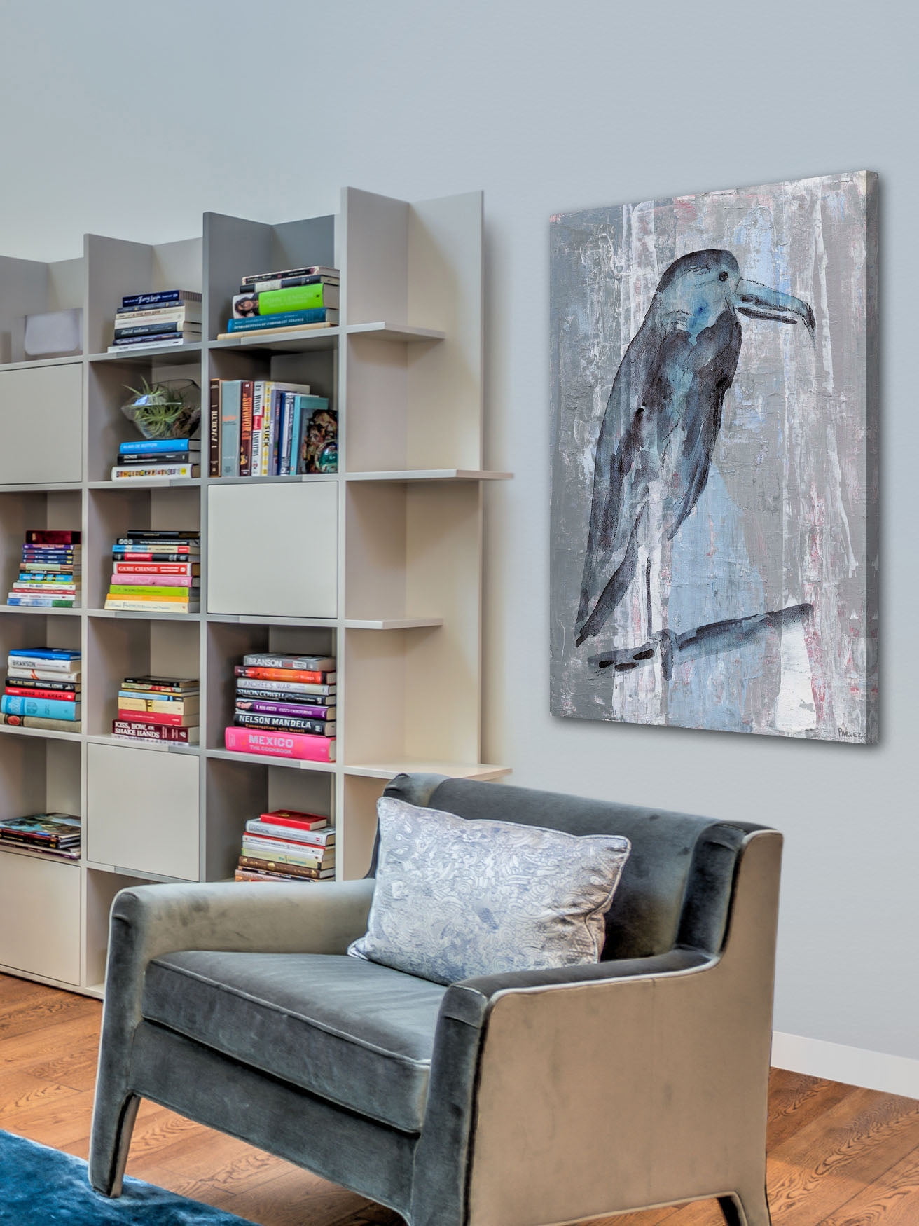 "Blue-Grey Bird" Painting Print on Wrapped Canvas
