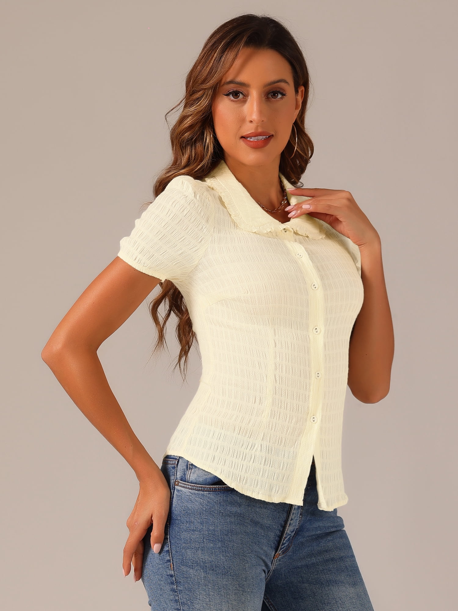 DARING DIVA Sweet Peter Pan Collar Button Down Blouses M Cream