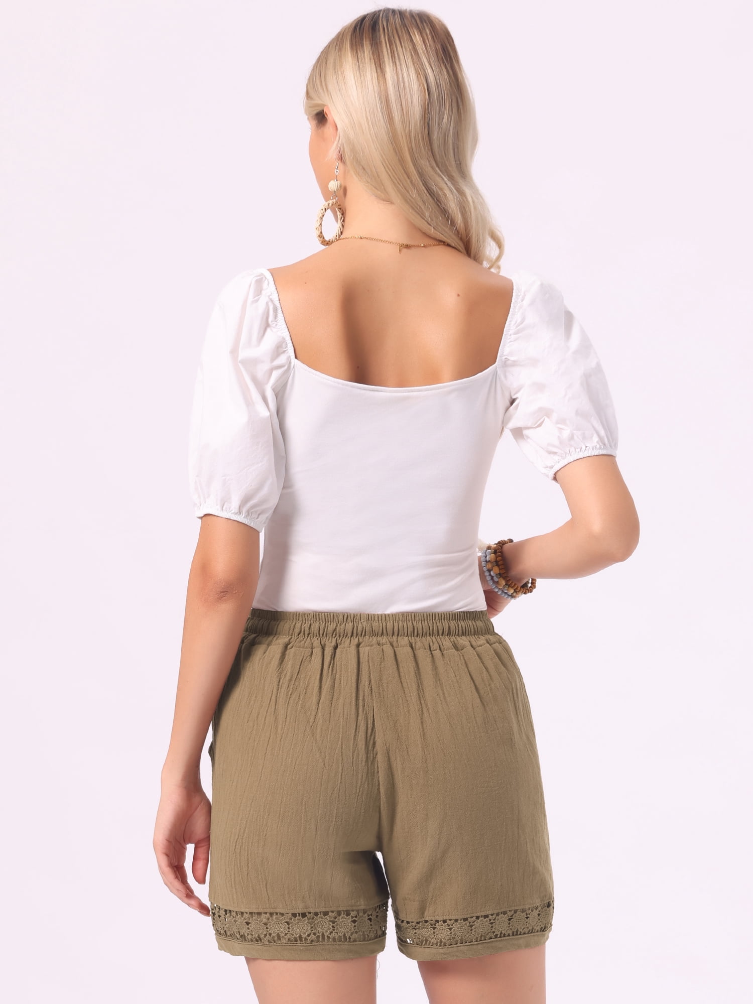 DARING DIVA Women's Beach Drawstring High Waisted Shorts with Pockets S Khaki