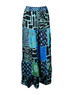 Mogul Women Maxi Skirt Blue Summer Gujarati Patchwork Handmade Vintage Boho Chic Long Skirts S/M