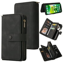 Wallet Case for iPhone 13, Magnetic Zipper Pouch Premium PU Leather with Kickstand Wallet Flip Shockproof Phone Case Wrist Strap Card Slots Holder Pocket iPhone 13,
Black