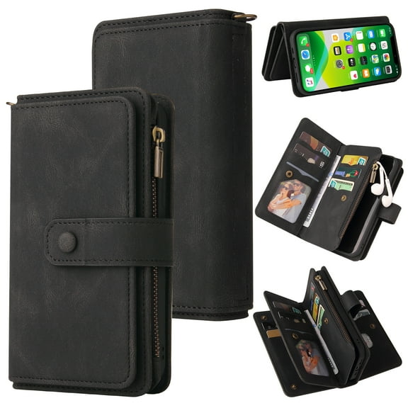 Wallet Case for iPhone 13, Magnetic Zipper Pouch Premium PU Leather with Kickstand Wallet Flip Shockproof Phone Case Wrist Strap Card Slots Holder Pocket iPhone 13,
Black