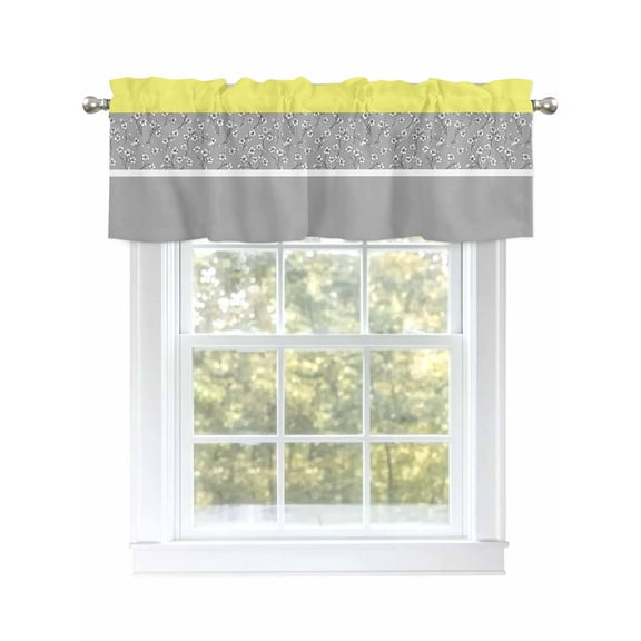 Yellow Grey Floral Valances for Windows, Rod Pocket Kitchen Valance Curtains - Soft & Washable Small Window Treatment for Living Room, Bathroom, Stitching Art 54x18inch, 1 Panel