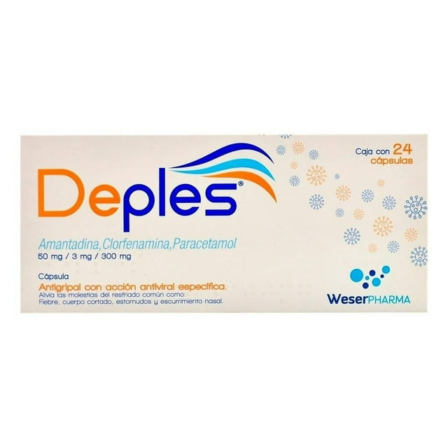Amantadina, Clorfenamina, Paracetamol Deples 50 mg/3 mg/300 mg, 24 cápsulas