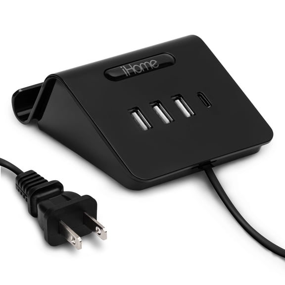iHome 4 Port USB Charging Hub, 3 USB-A, 1 USB-C, Smartphone Dock, 6ft Power Cord, Lightweight & Portable