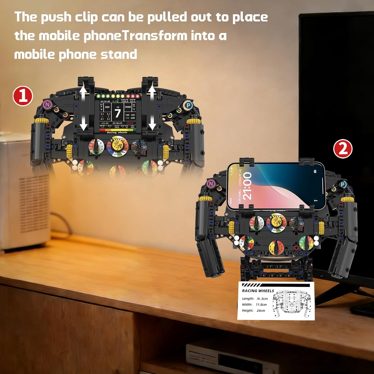 Racing Simulator Steering Wheel Building Set for F1, Mechanical Formula Sim Cars Driving ,Collectible Model Kit with Moving Parts & Phone Holder