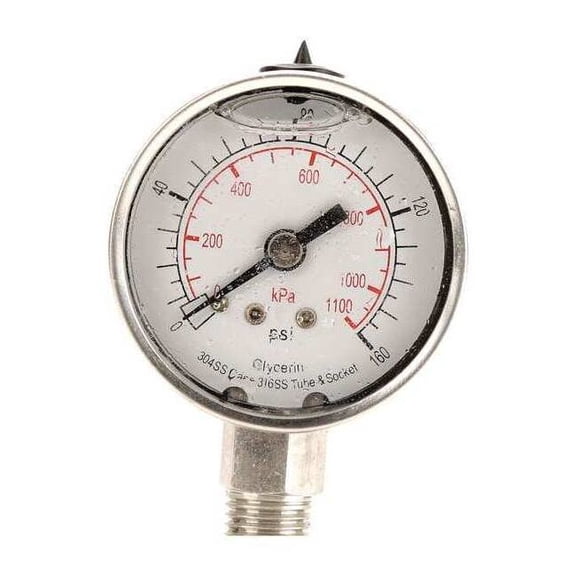 Commercial Pressure Gauge, 0 to 160 psi, 2 in Dial, 1/4 in NPT, Bottom Location