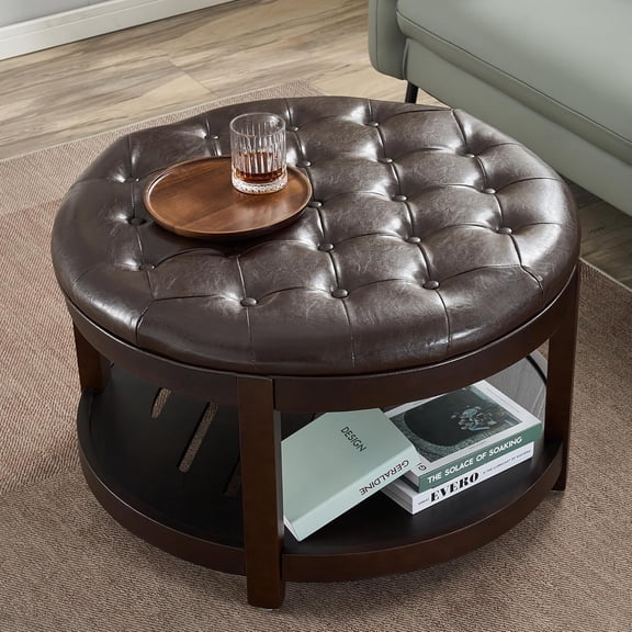 Large Round Storage Ottoman with Wooden Tray, PU Leather Coffee Table, Tufted Button-Top Footrest for Living Room, Bedroom and Office, Dark Brown
